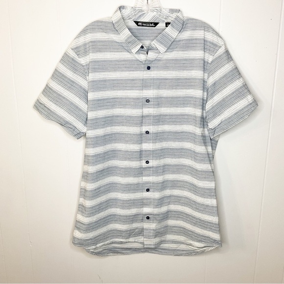 Travis Mathew Shirt Mens L White Light Blue Striped Short Sleeve Button Shirt - Picture 1 of 2